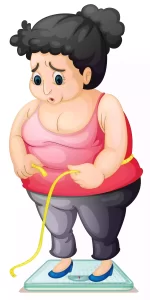 obesity makes us at increased risk for the hypertension-young obese lady on weighing machine